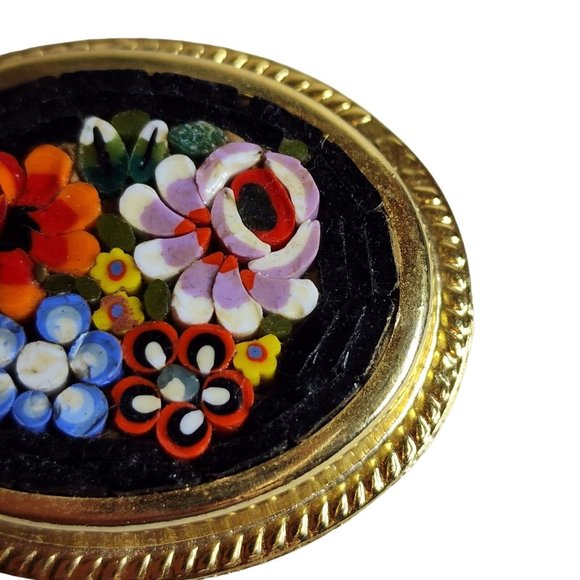 Vintage Italy Micro Mosaic Millefiori 4 Flowers Red Pietra Dura Brooch Pin Oval - Picture 4 of 11